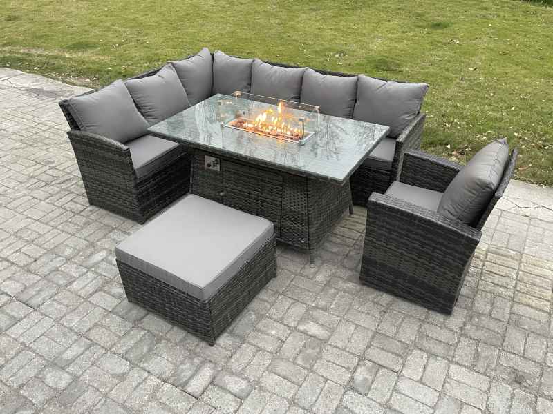 Fimous Rattan Garden Furniture High Back Corner Sofa Gas Fire Pit Dining Table Sets Gas Heater with Armchair Big Footstool 8 Seater Dark Grey Mixed