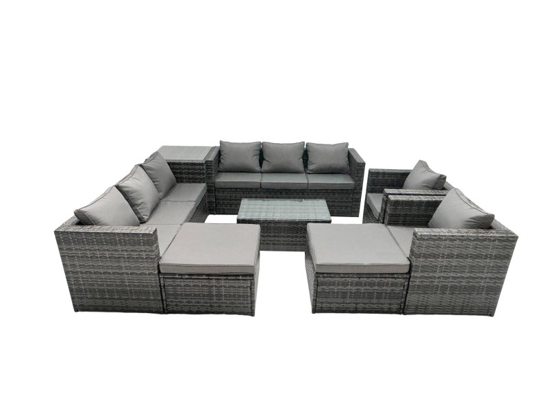 Fimous Rattan Garden Furniture Dining Set 10-seater Patio Coffee Table Sofa Set with 2 Big Stools Side Table Dark Grey Mixed