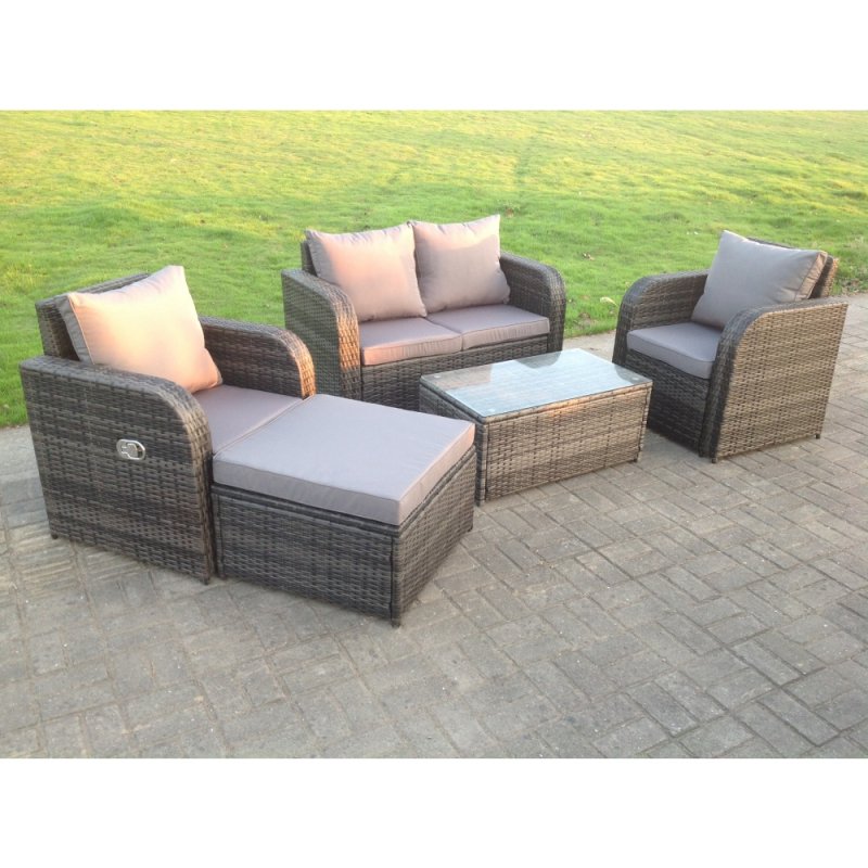 Fimous Rattan Garden Furniture Set Adjustable Chair Sofa Double Love Seat 2 Seater Sofa Oblong Coffee Table Footstool