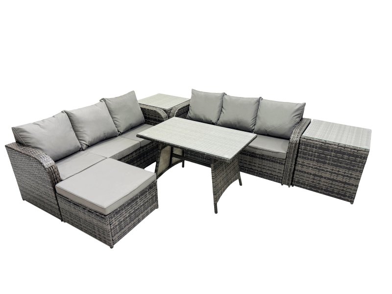 Fimous Garden Rattan Outdoor Furniture Set 7 Seater with 3 Seater Sofa Big Stool 2 Side Table Dark Grey