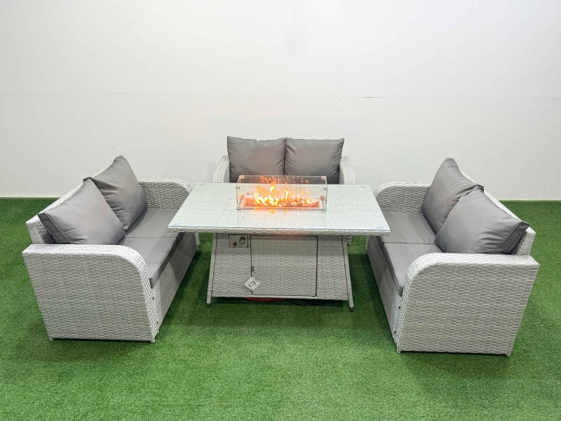 Fimous 6 Seater PE Wicker Rattan Furniture Sofa Sets with Firepit Dining Table 2 Seater Love Sofa Light Grey