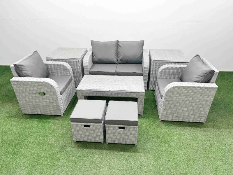 Fimous Light Grey PE Wicker Rattan Garden Furniture Set Sofa Set Reclining Adjustable Chair Oblong Coffee Table 6 Seater 2 Small Stools 2 Side Table