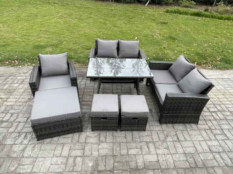 Fimous 8 Seater Garden Dining Set Wicker PE Rattan Outdoor Furniture Sofa with Rectangular Dining Table Double Seat Sofa Dark Grey Mixed