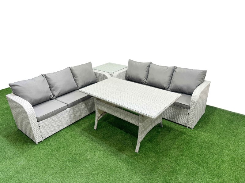Fimous Outdoor Garden Furniture Sets 6 Seater Wicker Rattan Furniture Sofa Sets with Rectangular Dining Table high Back Lounge Sofa Side Table Light Grey