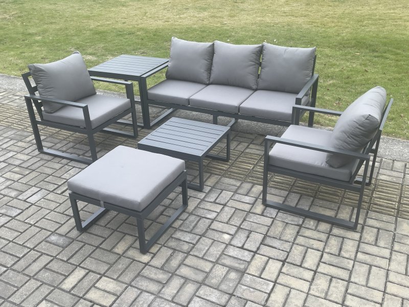 Fimous Aluminium 6 Seater Outdoor Lounge Sofa Set Garden Furniture Sets with Square Coffee Table Chair Big Footstool Side Table Dark Grey