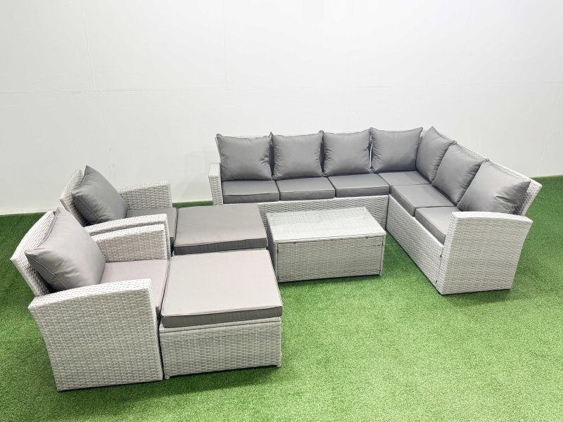 Fimous Garden Outdoor PE Rattan Furniture Set 10 Seater Rattan Garden Sofa Set with 2 Big Footstools Light Grey Mixed