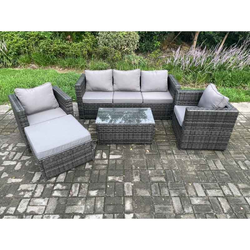 Fimous Rattan Garden Furniture Set with 3 Seater Sofa Coffee Table 2 Armchairs Big Footstool Indoor Outdoor Patio Lounge Sofa Set Dark Grey Mixed