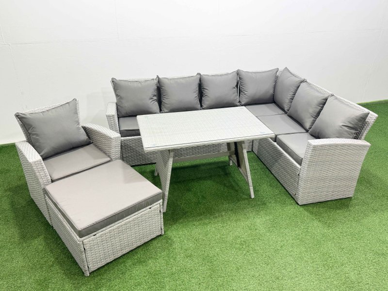 Fimous 8 Seater Garden Outdoor Rattan Furniture Set Rattan Corner Sofa Oblong Dining Table with Armchair Big Footstool Light Grey Mixed