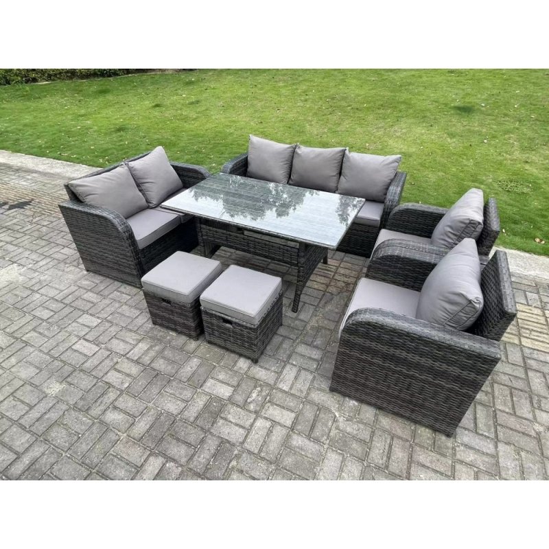 Fimous 9 Seater Dark Grey PE Wicker Rattan Garden Furniture Set Reclining Chair Love Seat 3 Seater Sofa Set Outdoor Rectangular Dining Table Stools