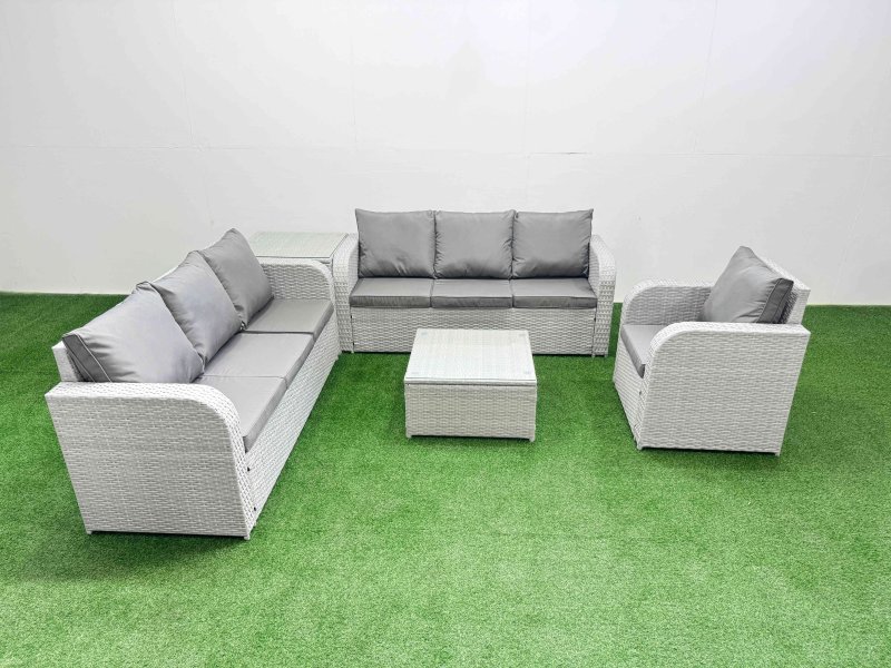 Fimous 7 Seater Poly Rattan Outdoor Garden Furniture Square Coffee Table Sofa Set Patio 3 Seater Sofa Reclining Chair 3 Seater Sofa Side Table Light Grey