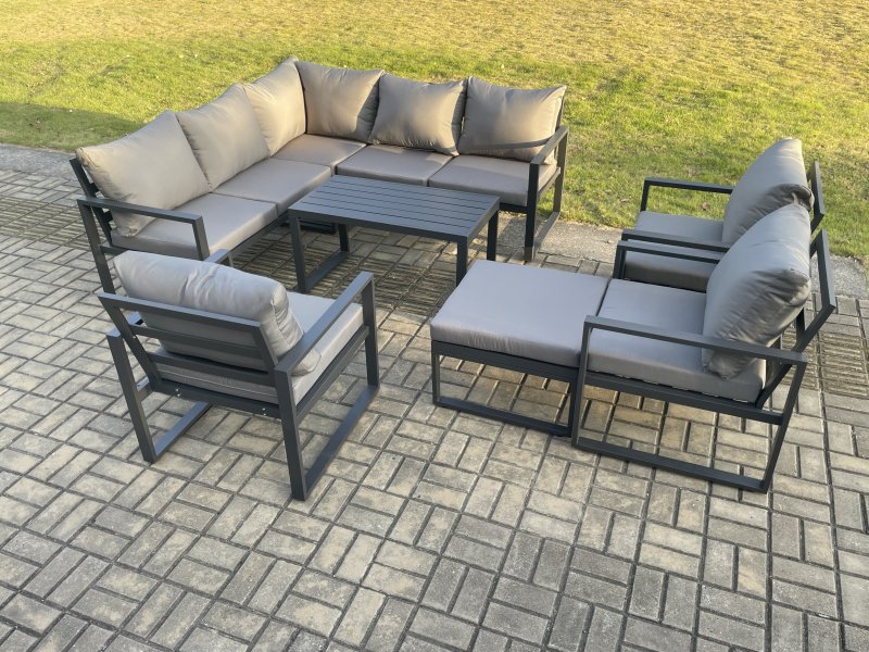 Fimous 9 Seater Aluminium Outdoor Garden Furniture Set Patio Lounge Sofa with Oblong Coffee Table Chair Big Footstool Dark Grey