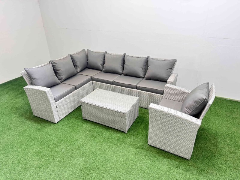 Fimous 7 Seater Garden Outdoor PE Rattan Furniture Set Rattan Garden Sofa Set with Big Footstool Light Grey Mixed