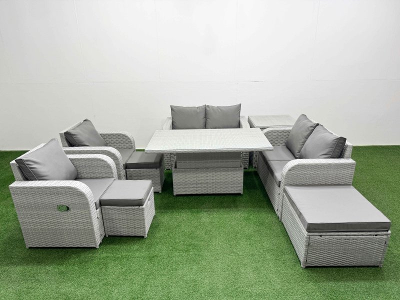 Fimous 9 Seater Outdoor Reclining Chair Love Sofa Set Rattan Garden Furniture Set with Adjustable Lifting Dining or Coffee Table 3 Stools Side Table Light Grey