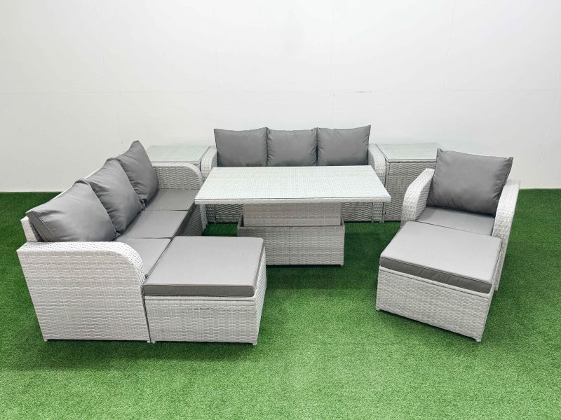 Fimous 9 Seater Poly Rattan Outdoor Garden Furniture Adjustable Lifting Dining or Coffee Table Sofa Set Patio 3 Seater Sofa Reclining Chair 3 Seater Sofa 2 Big Footstools 2 Side Table Light Grey