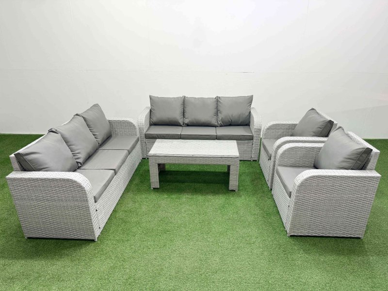 Fimous PE Rattan High Back Lounge Sofa Set Patio Oblong Coffee Table & Chairs Set with 3 Seater Sofa Reclining Chair Light Grey