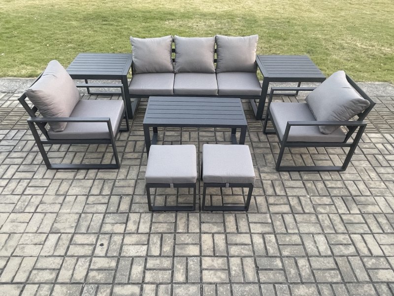 Fimous Aluminium Patio Outdoor Furniture Set 8 Pcs Garden Sofa with Oblong Coffee Table 2 Small Footstools 2 Armchairs 2 Side Tables Dark Grey