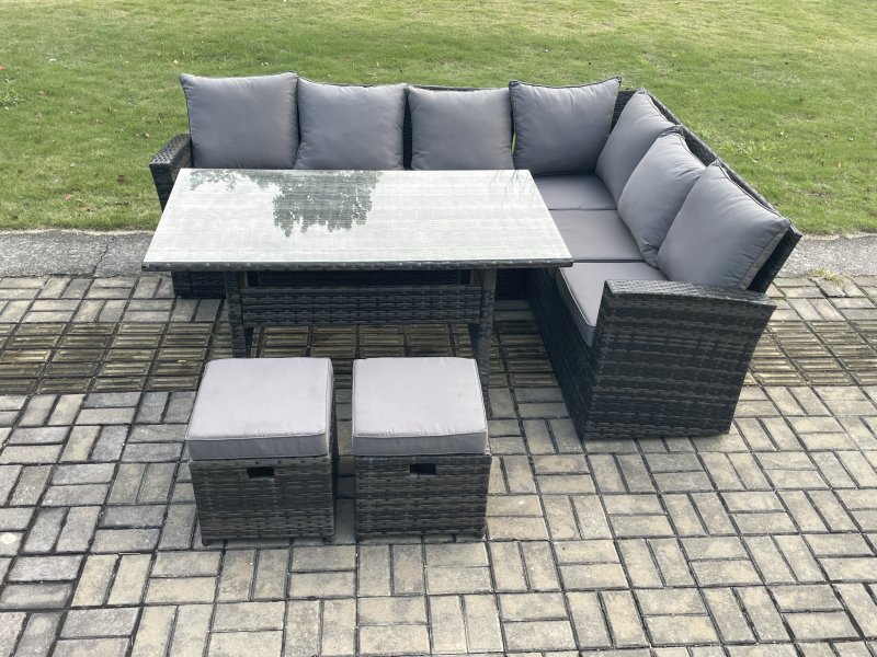 Fimous 8 Seater Garden Rattan Furniture Corner Sofa Dining Table Set with 2 Small Footstools Indoor Outdoor Lounge Sofa Set