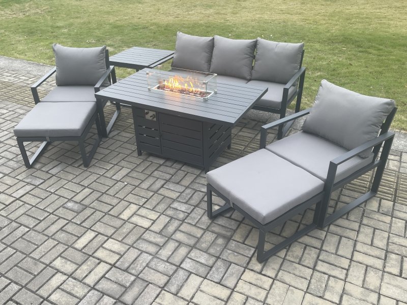 Fimous Aluminium Patio Outdoor Garden Furniture Lounge Sofa Set Gas Fire Pit Dining Table with Side Table 2 Big Footstools Dark Grey