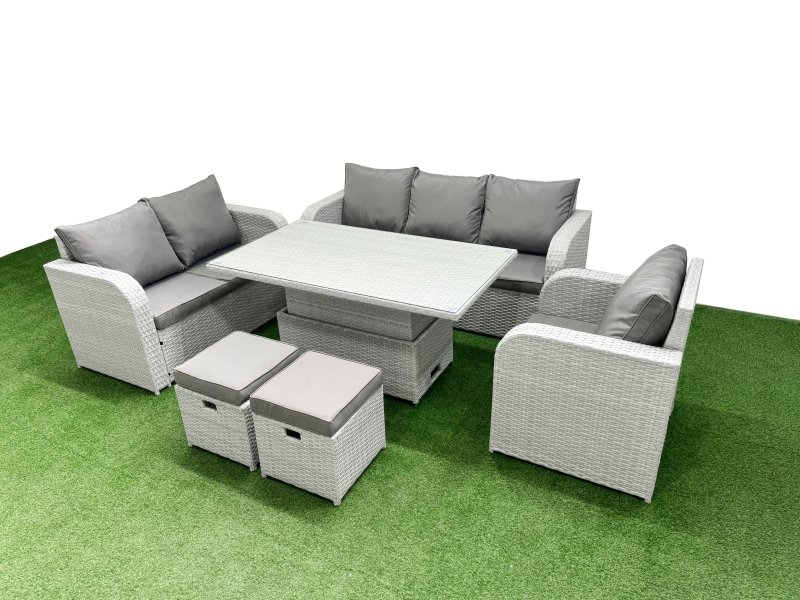 Fimous Patio PE Wicker 8 Seater Outdoor Rattan Furniture Sofa Sets with Adjustable Lifting Dining or Coffee Table Reclining Chair Loveseat Sofa 3 Seater Sofa Stool Light Grey