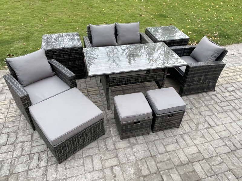 Fimous 7 Seater PE Wicker Outdoor Garden Furniture Set Patio Furniture Rattan Rectangular Dining Table Lounge Sofa with 3 Footstools 2 Side Tables
