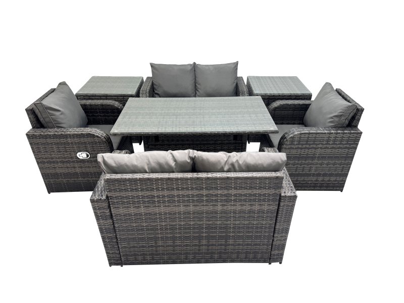Fimous 6 Seat Outdoor Wicker PE Rattan Garden Furniture Set Dining Table Sofa Sets with 2 Side Tables Dark Grey Mixed