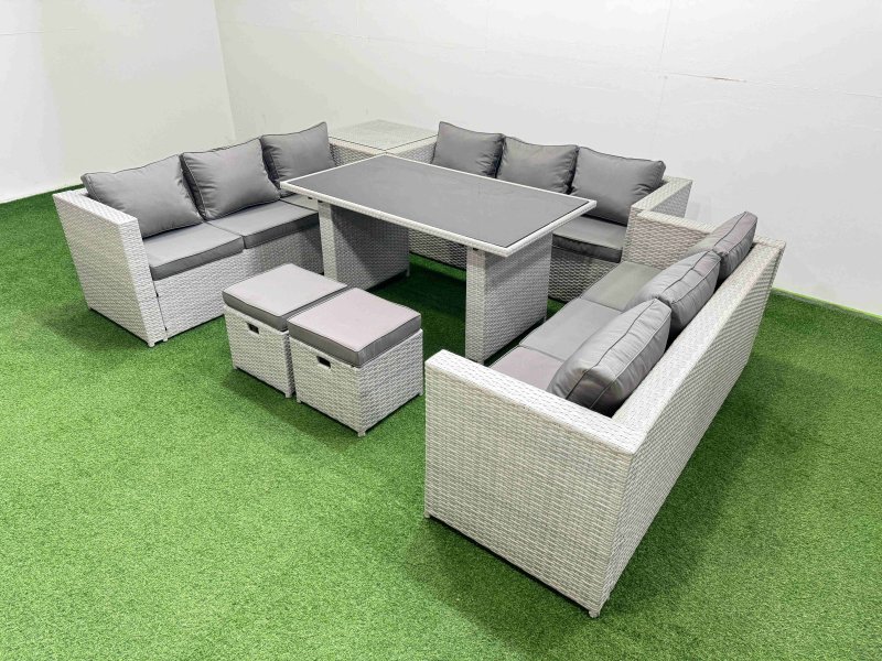 Fimous Patio Outdoor Garden Furniture Sets with Black Glass Top Dining Table 3 Seater Sofa Side Table 2 Small Stool Light Grey