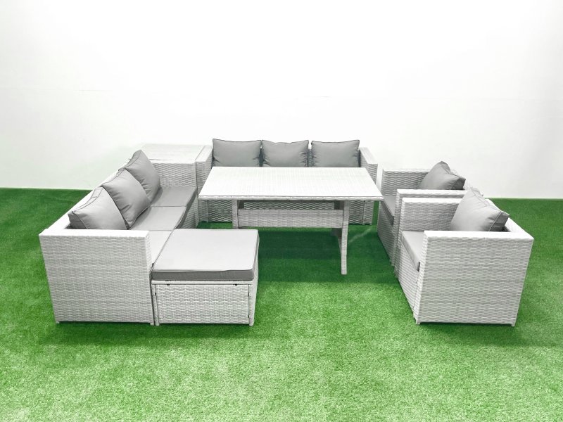 Fimous Rattan Garden Furniture Set Outdoor 8 Seater Patio Dinin g Sofa Sets with Dining Table 2 Chairs Side Table Big Footstool Light Grey Mixed