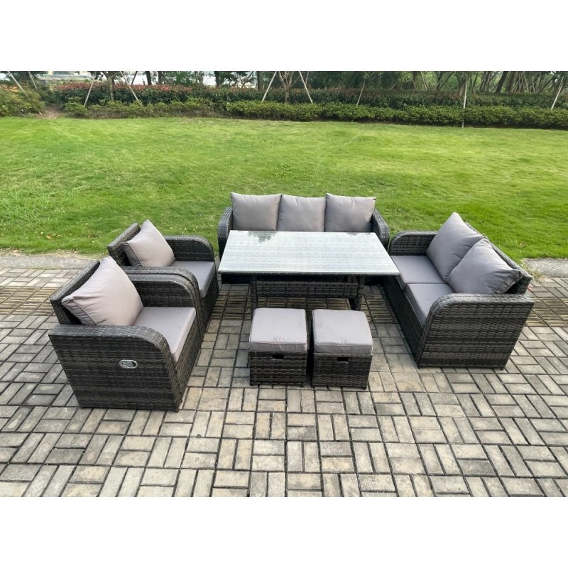 Fimous 9 Seater Lounge Rattan Sofa Set Outdoor Garden Furniture Oblong Rectangular Dining Table With Adjustable Chair Love Sofa 2 Small Footstools Dark Grey Mixed