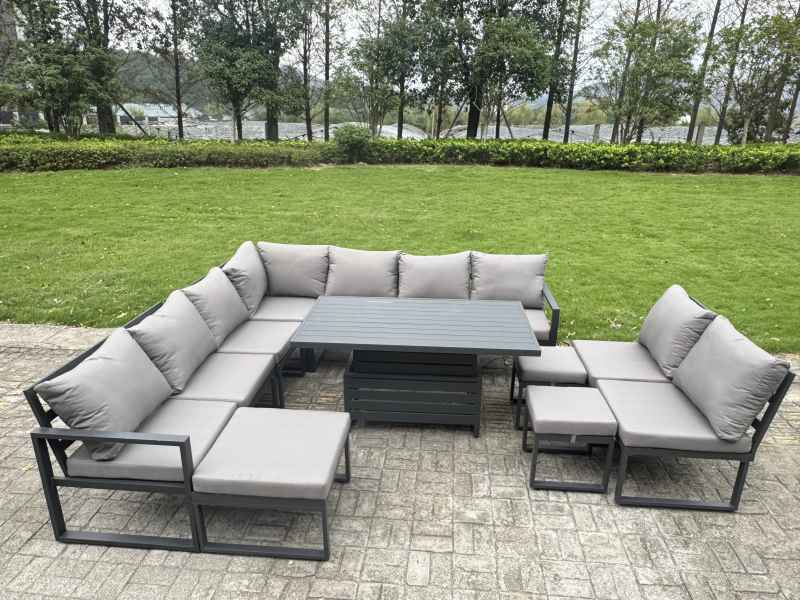 Fimous 10 Pieces Aluminium Garden Furniture Set with Cushions, Patio Furniture Set with Adjustable Rising Lifting Dining Table 2 Big Footstools Dark Grey