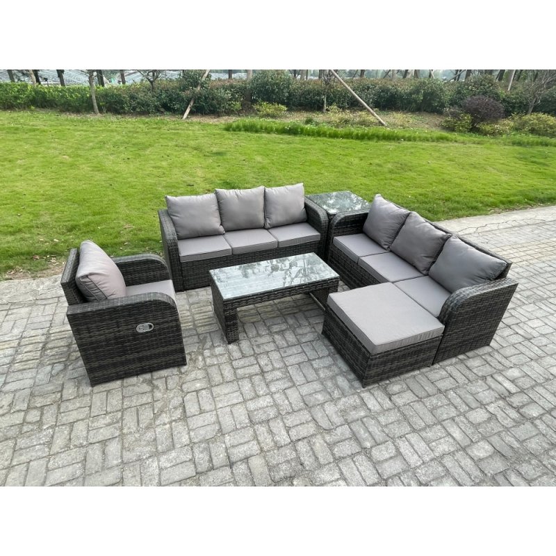 Fimous 8 Seater Wicker PE Rattan Sofa Set Outdoor Patio Garden Furniture Set with Side Table Reclining Chairs Coffee Table Big Footstool Dark Grey Mixed
