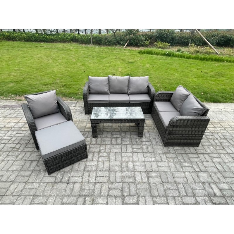 Fimous 7 Seater Outdoor Rattan Garden Furniture Set Rattan Lounge Sofa Set with Rectangular Coffee Table Reclining Chair Big Footstool Dark Grey Mixed