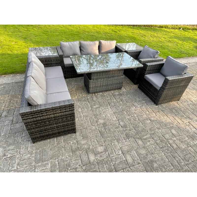 Fimous 8 Seater?Outdoor Rattan Garden Furniture Adjustable Rising Lifting Table Armchairs Dark Grey Mixed