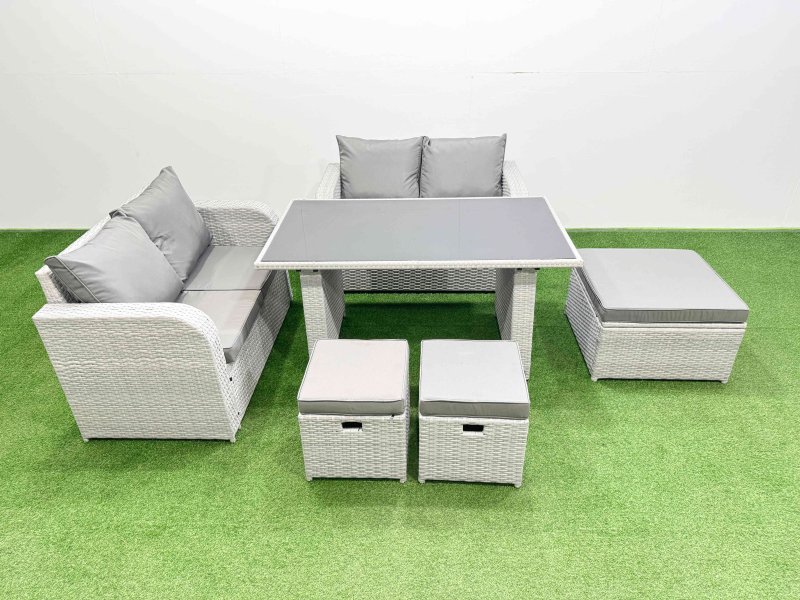 Fimous 6 Pieces Outdoor PE Rattan Sofa Set Patio Garden Furniture Sets with Cushions 3 Stools Light Grey