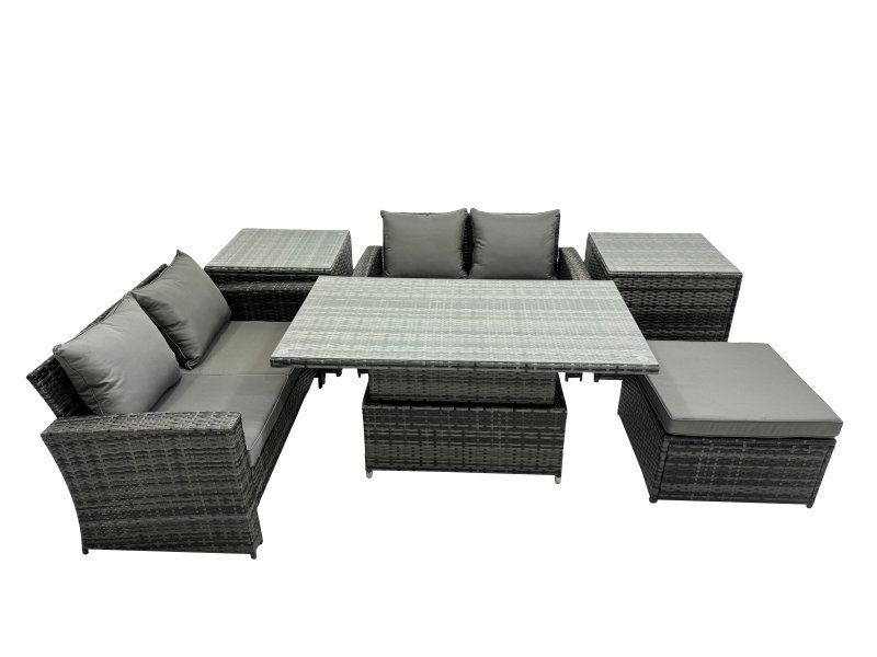 Fimous Outdoor Love Sofa Set 5 Seat Rattan Garden Furniture Set with Adjustable Lifting Dining or Coffee Table Dark Grey Mixed