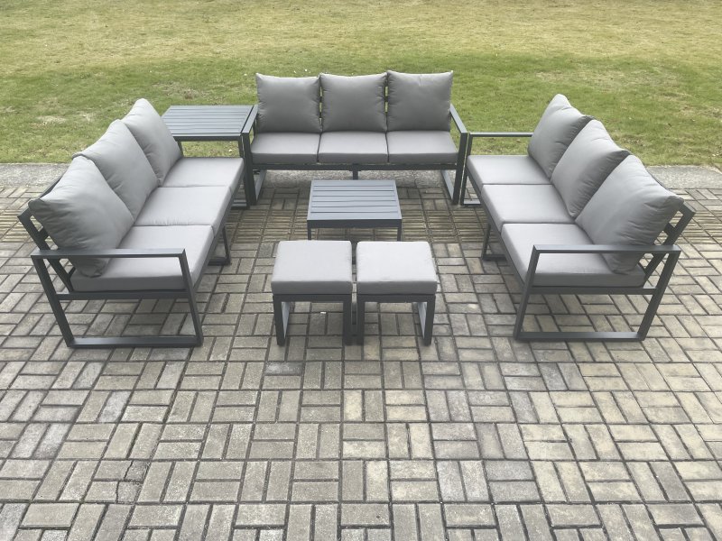 Fimous Aluminium 11 Seater Outdoor Garden Furniture Set Patio Lounge Sofa with Square Coffee Table Side Table 2 Small Footstools Conservatory Set Dark Grey