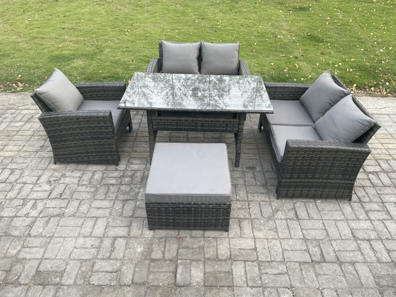 Fimous 6 Seater Wicker Rattan Garden Dining Set Outdoor Furniture Sofa with Dining Table Double Seat Sofa Big Footstool Dark Grey Mixed