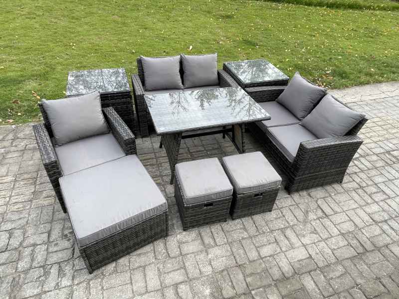 Fimous Garden Dining Set Wicker PE Rattan Outdoor Furniture Sofa with Rectangular Dining Table Double Seat Sofa 2 Side Tables 3 Footstools Dark Grey Mixed