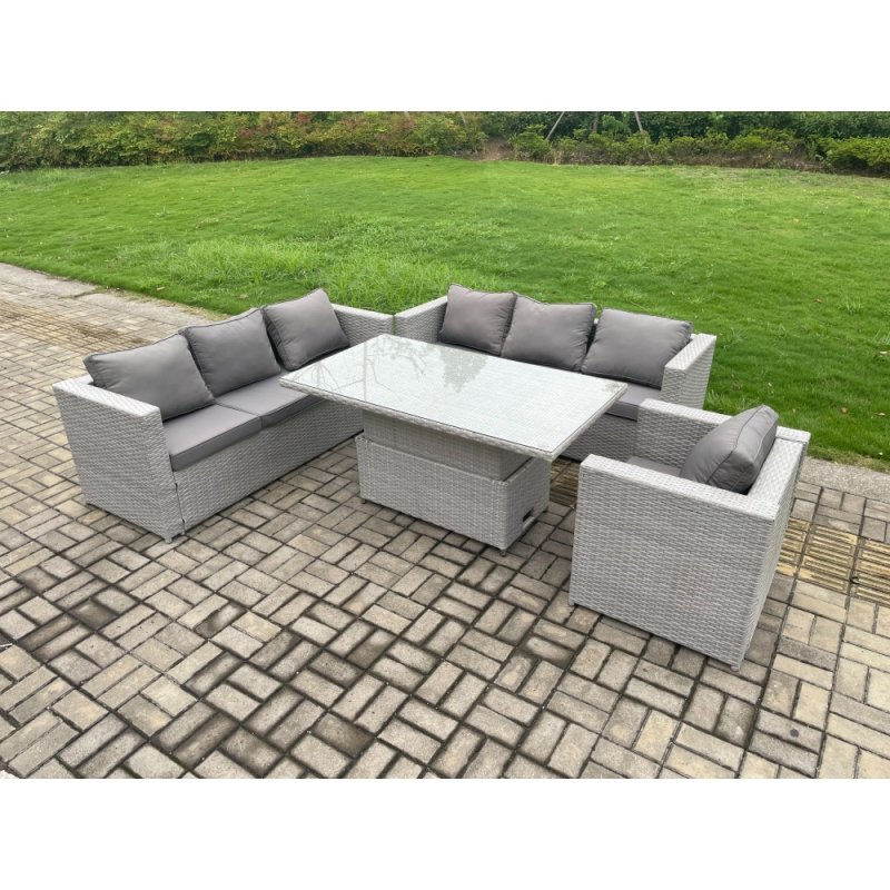 Fimous Outdoor PE Rattan Garden Funiture Set Height Adjustable Rising Lifting Table Sofa Dining Set with Armchair