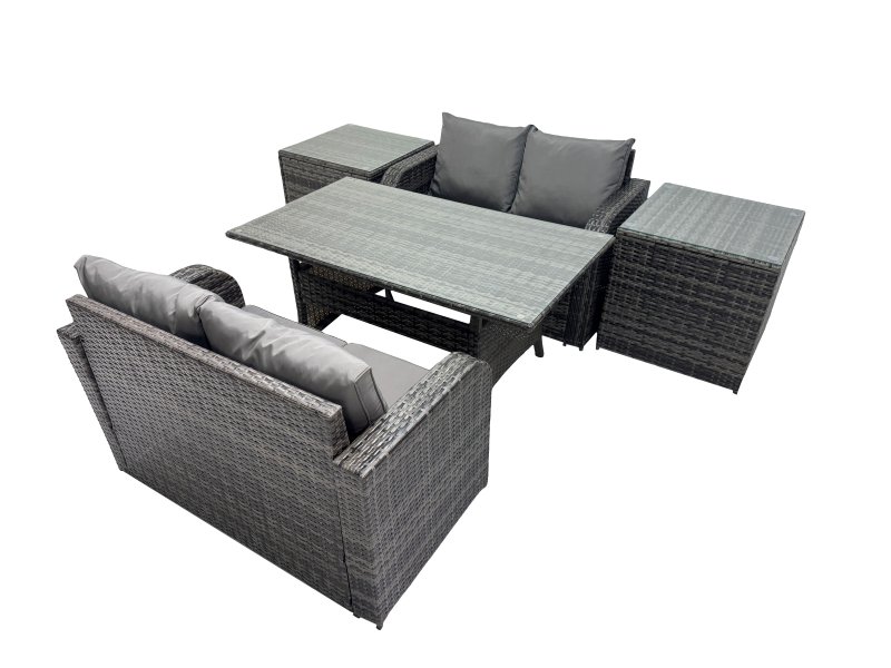 Fimous 4 Seat Outdoor Wicker PE Rattan Garden Furniture Set Dining Table Sofa Sets with 2 Side Tables Dark Grey Mixed