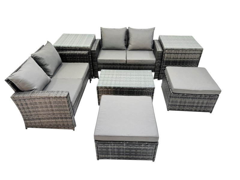 Fimous 6 Seater Wicker PE Rattan Furniture Outdoor Coffee Table Double Seat Sofa 2 Big Stool 2 Side Tables Set Dark Grey Mixed