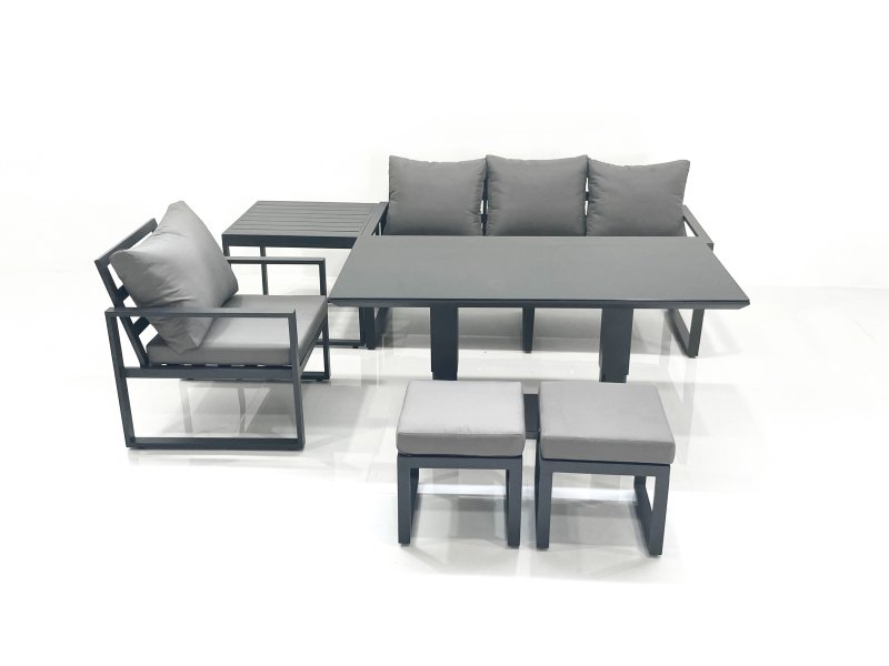 Fimous 6 Seater Garden Sofa Set Aluminium Furniture Rising Dining Tabe Set with Chair Side Table 2 Small Footstools Dark Grey