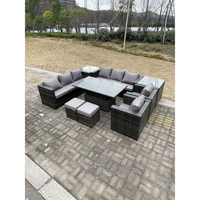 Fimous 9 Seater?Outdoor Rattan Garden Furniture Set Adjustable Rising Lifting Dining Table With Side Table Chairs Stools Dark Grey Mixed
