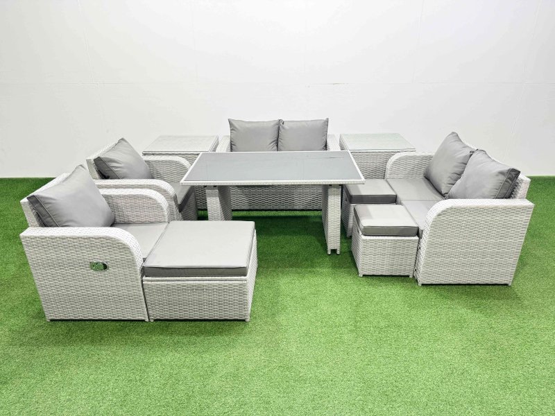 Fimous 10 Pieces Outdoor PE Rattan Sofa Reclining Chair Set Patio Garden Furniture Sets with Cushions 2 Side Tables 3 Stools Light Grey