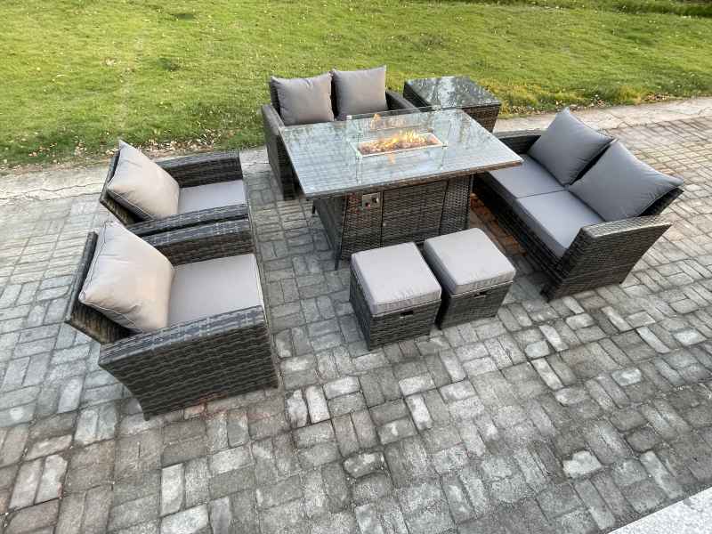 Fimous Wicker PE Rattan Garden Furniture Sets 8 Seater Patio Outdoor Gas Firepit Dining Table Heater Set with Double Seat Sofa Side Table 2 Small Footstools Dark Grey Mixed