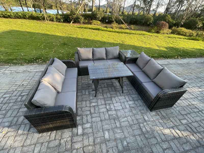 Fimous 9 Seater Wicker Rattan Garden Furniture Set with Rectangular Dining Table Side Table Patio Outdoor Lounge Sofa Set