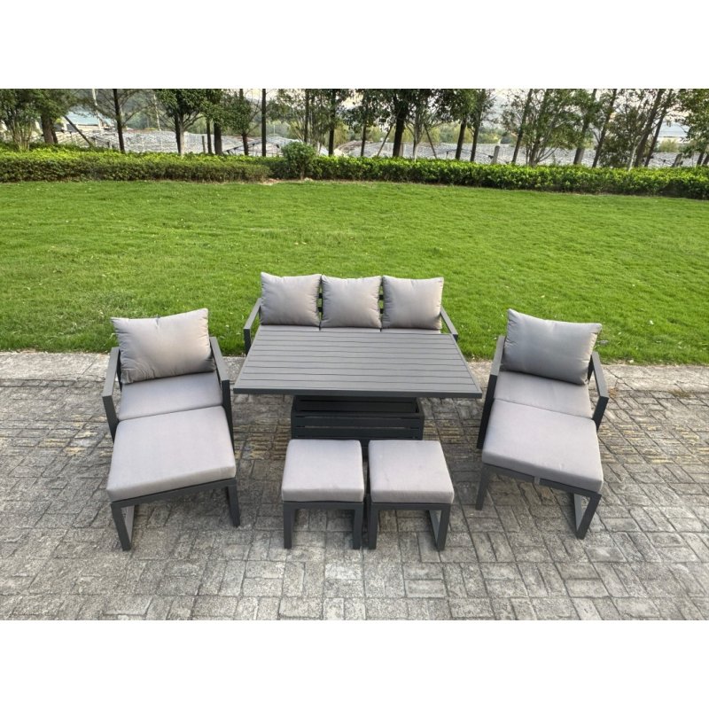 Fimous Aluminium Garden Furniture Sets 8 Seater Outdoor Sofa Set with Adjustable Rising Lifting Dining Table 2 Chairs 3 Footstools 2 Side Tables