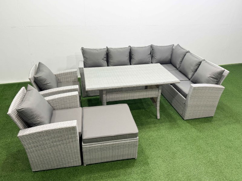 Fimous Rattan Garden Furniture Set Outdoor 9 Seater Patio Dining Corner Sofa Sets with Dining Table Chair Big Footstool Light Grey Mixed