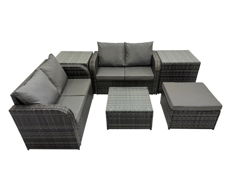 Fimous Rattan Garden Outdoor Furniture Set Love Sofa Square Coffee Table Set with 2 Side Table Big Stool Dark Grey Mixed
