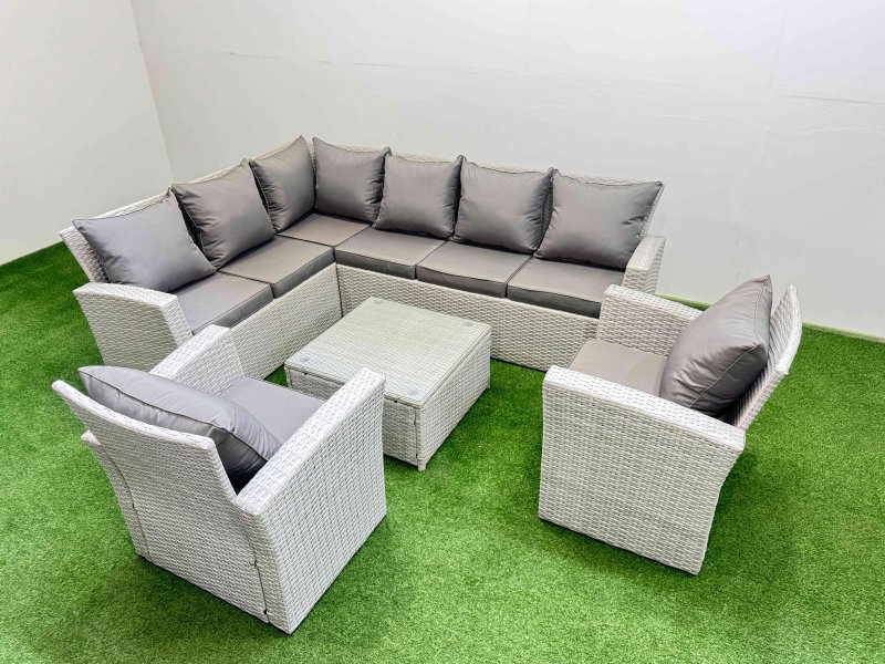 Fimous Outdoor Rattan Garden Furniture Set 8 Seater Corner Sofa Sets with Square Coffee Table 2 Chairs Light Grey Mixed