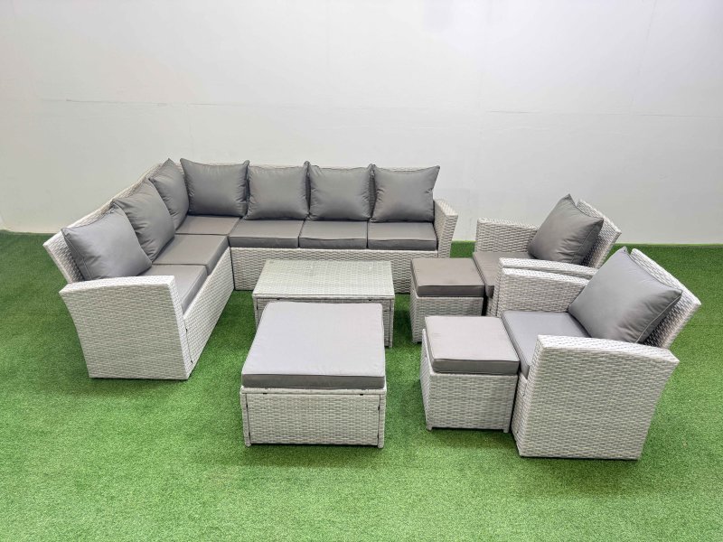 Fimous 11 Seater Garden Outdoor PE Rattan Furniture Set Rattan Garden Sofa Set with 3 Footstools Light Grey Mixed